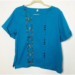 Dayou Teal Green Embroidered Boat Neck Short Sleeve Blouse Top Womens Sz L
